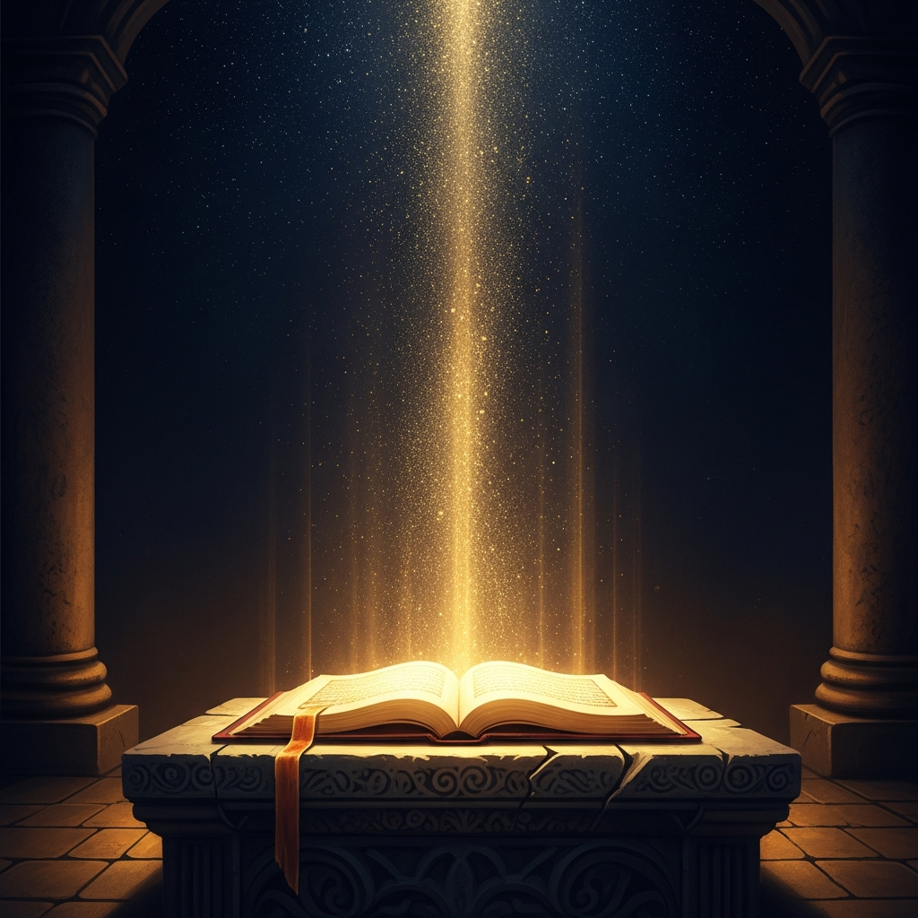 Ancient book streaming golden light upward
