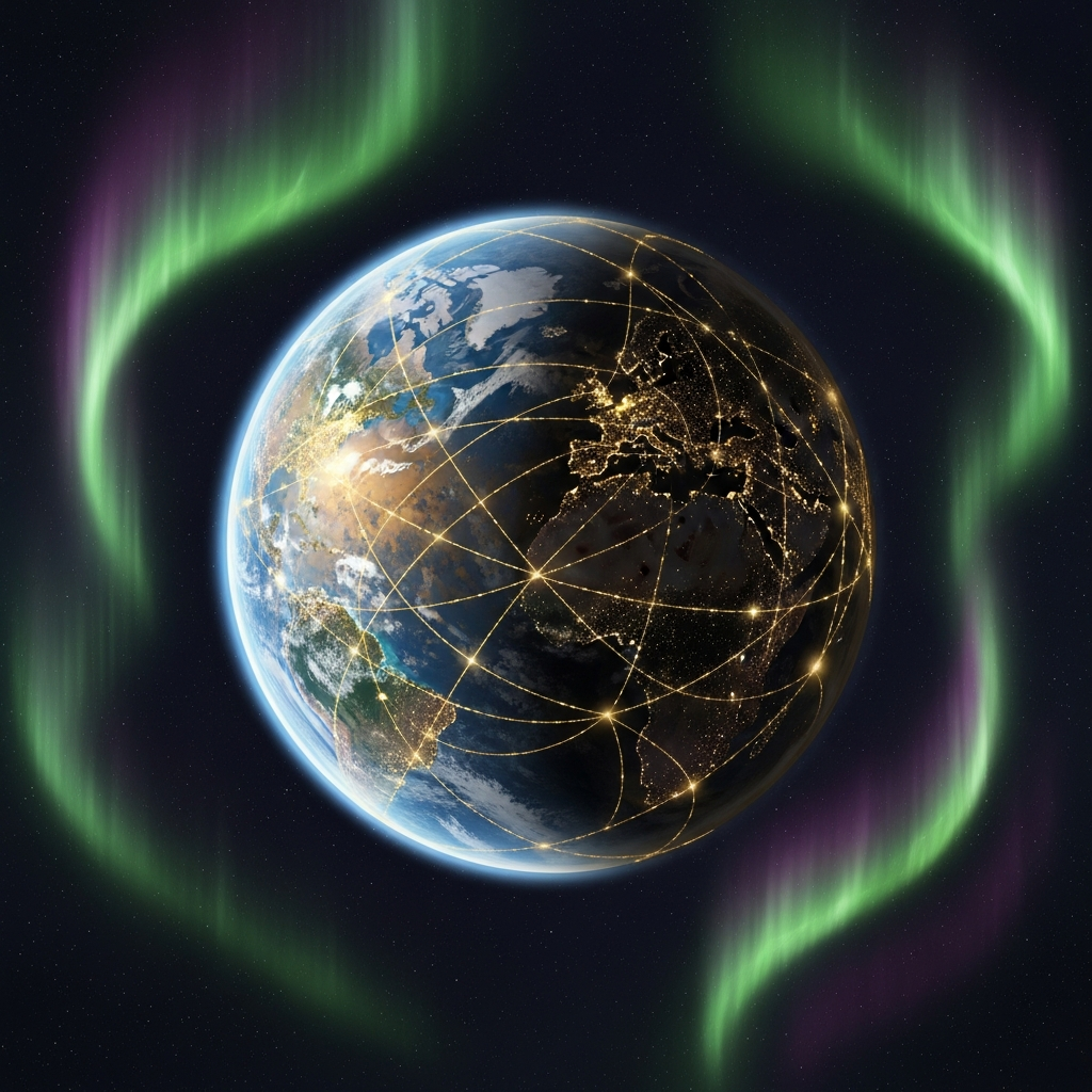 Earth with glowing ley lines and aurora