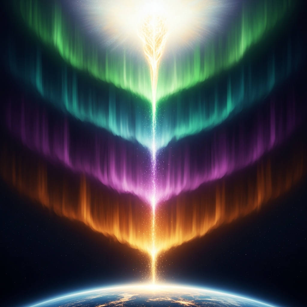 Soul descending through colour layers toward Earth