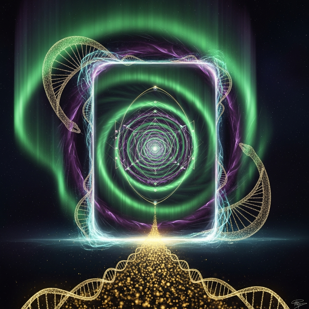 Cosmic portal with DNA serpents and sacred geometry